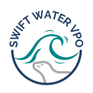 Blue, gray, and teal logo with seal under waves